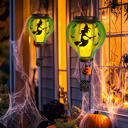 Halloween Decoration Outdoor Hot Air Balloon Solar Lantern with Flickering Flame, Hanging Outdoor Lanterns with Flying Witch Design Waterproof Decor for Garden, Patio, Halloween Party(Witch)