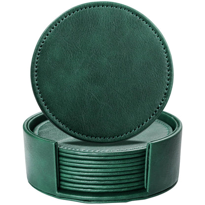 LAMOTI Leather Coasters for Drinks, 4" Drink Coasters Set of 6 with Holder for Tabletop Protection, Handmade Luxurious Home Décor and Housewarming Gift (Green)