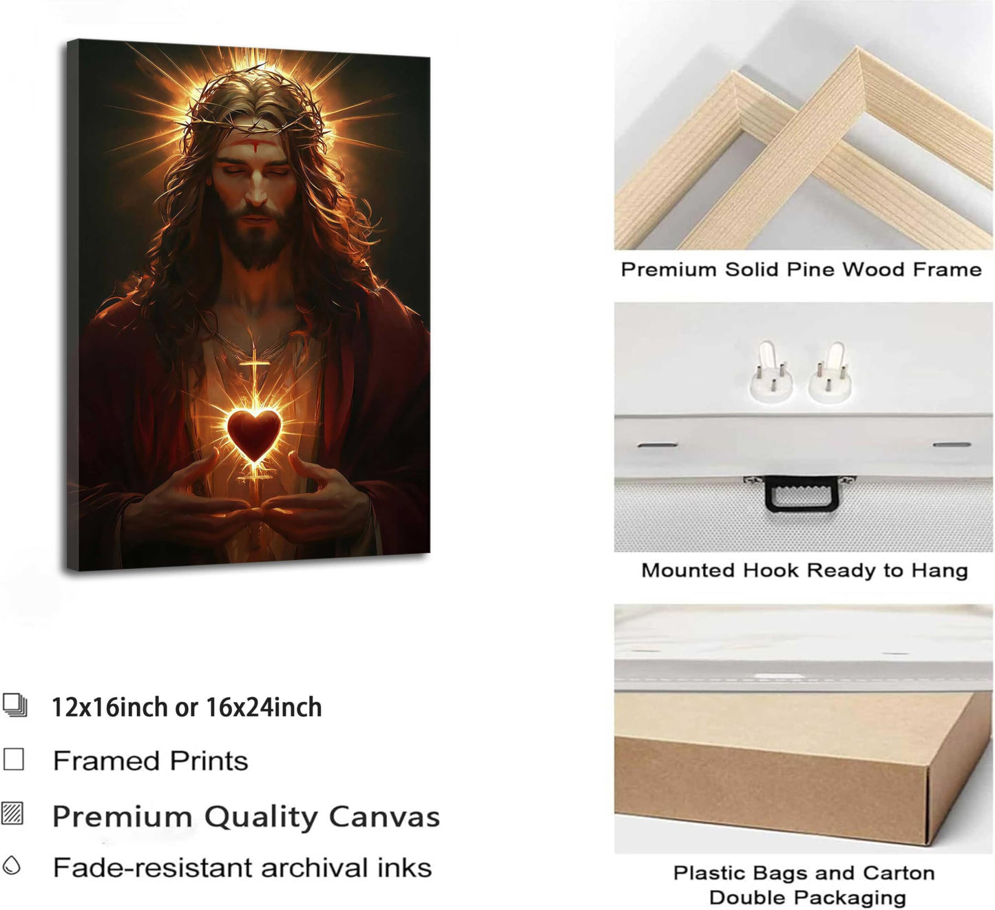 Sacred Heart of Jesus Canvas Wall Art Religious Christian Poster Print Christ Jesus Portrait Picture Wall Decor Catholic Faith Painting for Bedroom Living Room Prayer Room Church Framed