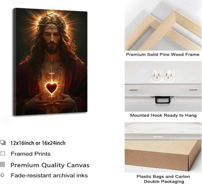 Sacred Heart of Jesus Canvas Wall Art Religious Christian Poster Print Christ Jesus Portrait Picture Wall Decor Catholic Faith Painting for Bedroom Living Room Prayer Room Church Framed