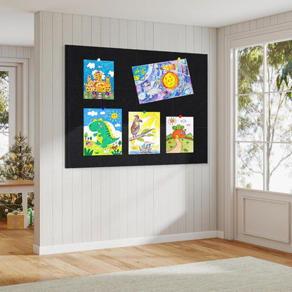 Large Felt Bulletin Board 48" x 36", Cork Board Alternative, 12 Pack Felt Wall Tiles with Push Pins and Adhesive Tabs, Cork Boards for Walls Pin Board for Office & HomePanels, Black