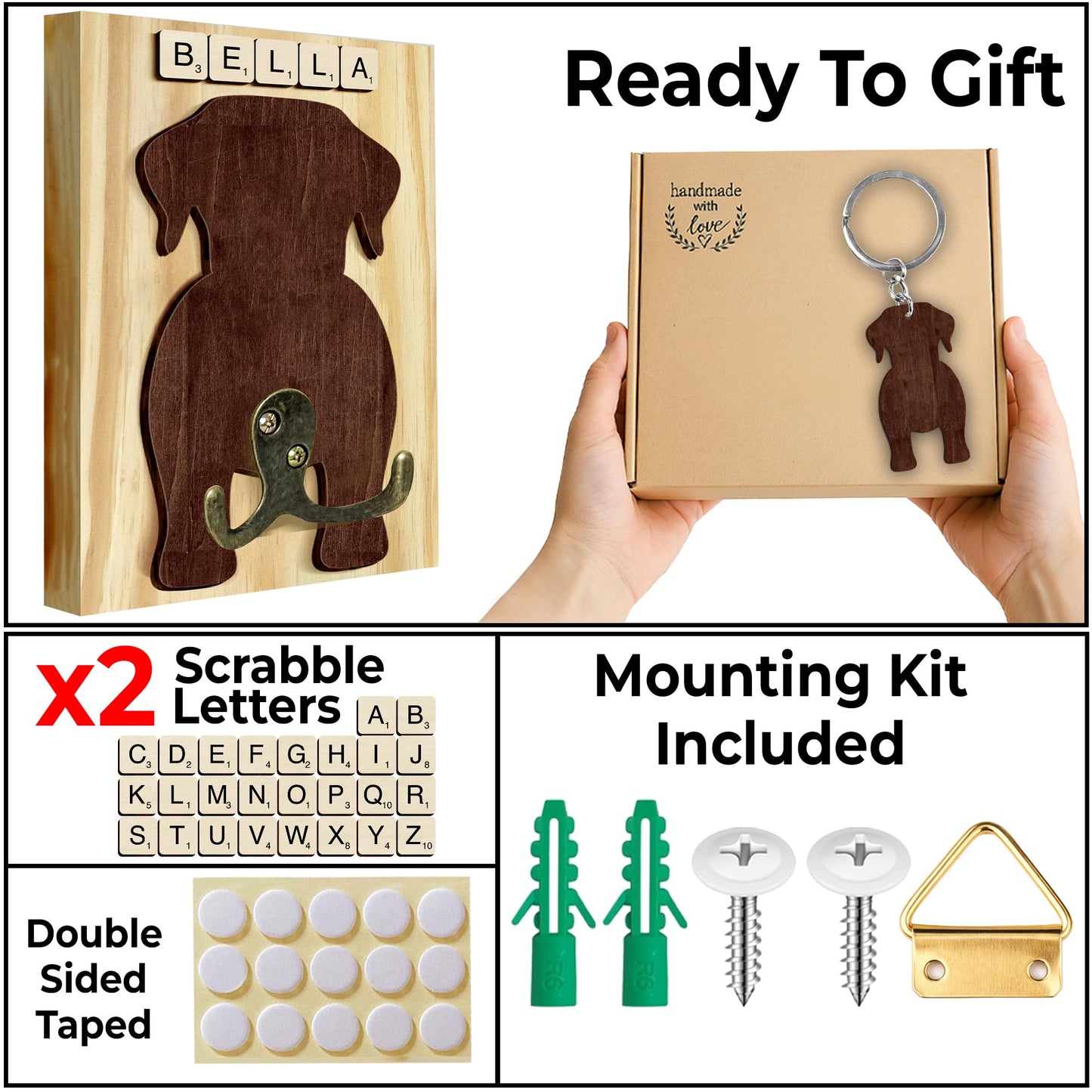 Labrador Retriever Dog Leash Holder Wall Mount with Scrabble Letters, Wooden Dog Wall Hook Organizer, Pet Collar and Harness Holder Entryway, Key Hook & Leash Rack, Home Decor for Pet Lovers PF297-48