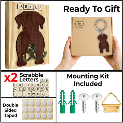 Labrador Retriever Dog Leash Holder Wall Mount with Scrabble Letters, Wooden Dog Wall Hook Organizer, Pet Collar and Harness Holder Entryway, Key Hook & Leash Rack, Home Decor for Pet Lovers PF297-48