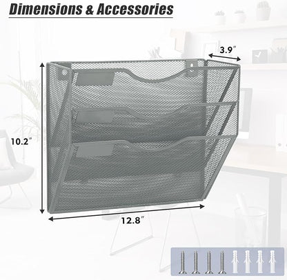 EASEPRES 3 Pocket Mesh Hanging Wall File Organizer, Wall Mounted Mail Paper Document Folder Holder, Clipboard Storage Organization Magazine Rack with Nametag Label for Office Home School, Gray
