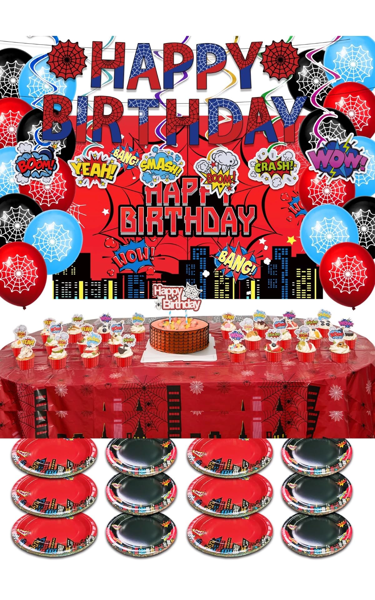 102 PCS Kids Spider Happy Birthday Party Decorations – All-in-One Party Kit with Banner, Backdrop,Tapes,Connectors, Balloons, Tablecloth, Cake Toppers, Hanging Swirls for Kids Friends Man and Woman