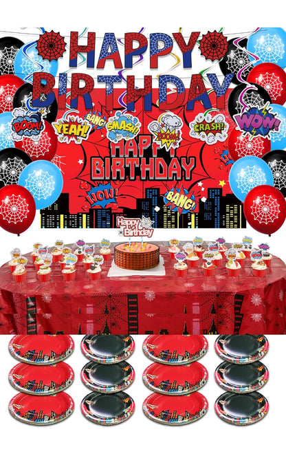 102 PCS Kids Spider Happy Birthday Party Decorations – All-in-One Party Kit with Banner, Backdrop,Tapes,Connectors, Balloons, Tablecloth, Cake Toppers, Hanging Swirls for Kids Friends Man and Woman