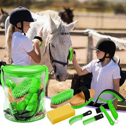 Cunhill 9 Pcs Horse Grooming Kit Tack Room Supplies Set with Tote Bag, Oval Massage Curry, Hard and Soft Brush, Hoof Pick, Sweat Scraper, Bathing Sponge, Comb for Horse Rider(Cute,Green)