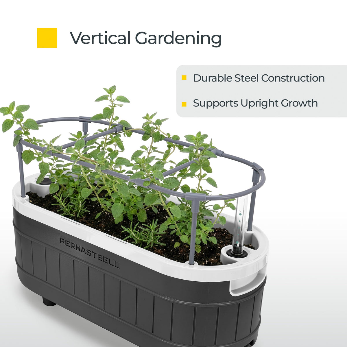 Permasteel Herb Garden Planter with Trellis Support, Self-Watering System with Water Level Indicator, Fits Multiple Herb Plants, for Basil, Flowers, Succulents, Indoor & Outdoor, Black