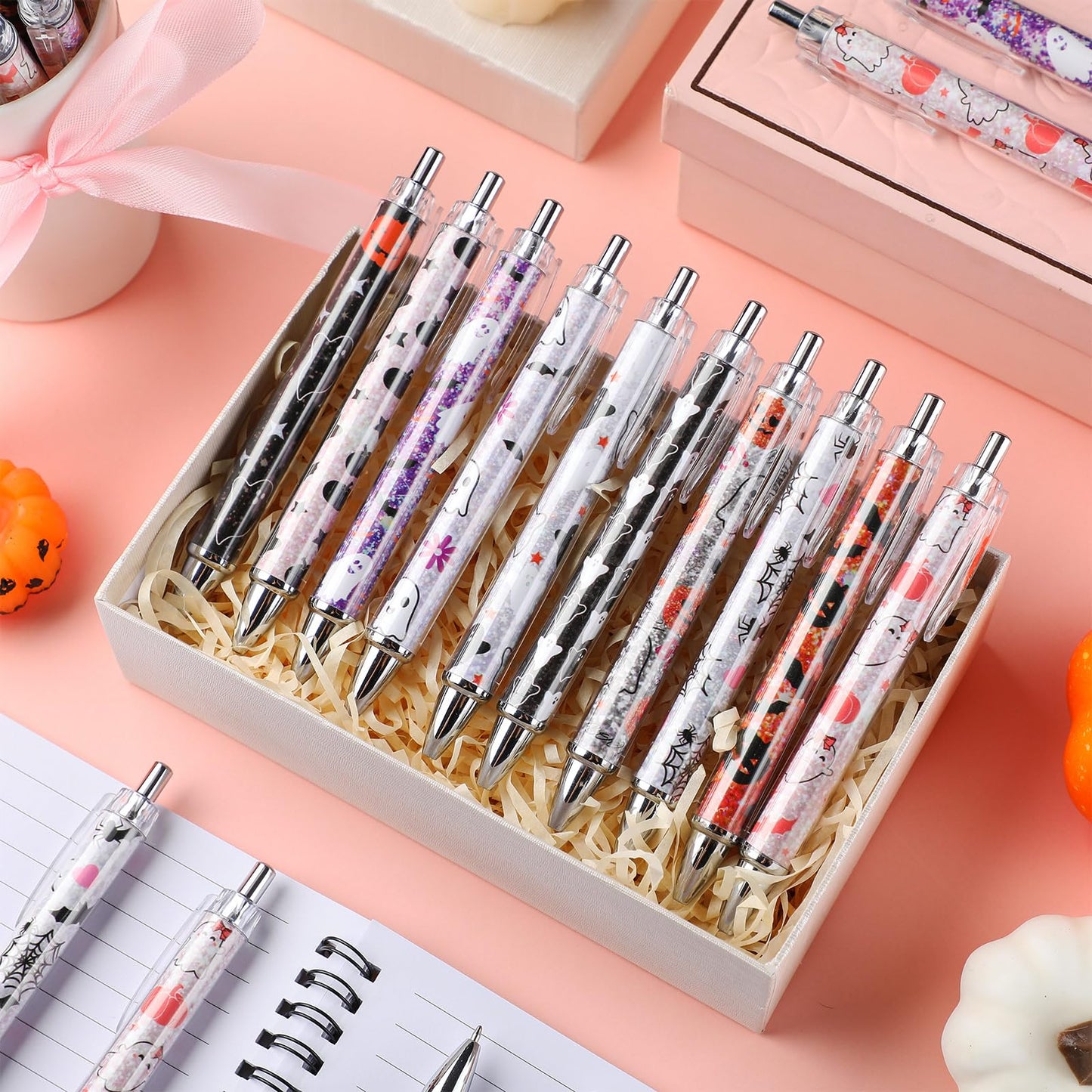Motipuns 50 Pcs Halloween Pens Bulk Pink Ghost Ballpoint Pens Spooky Cartoon Cute Ghost Bat Halloween Holiday Gifts for Home Office School Writing Stationery Supplies