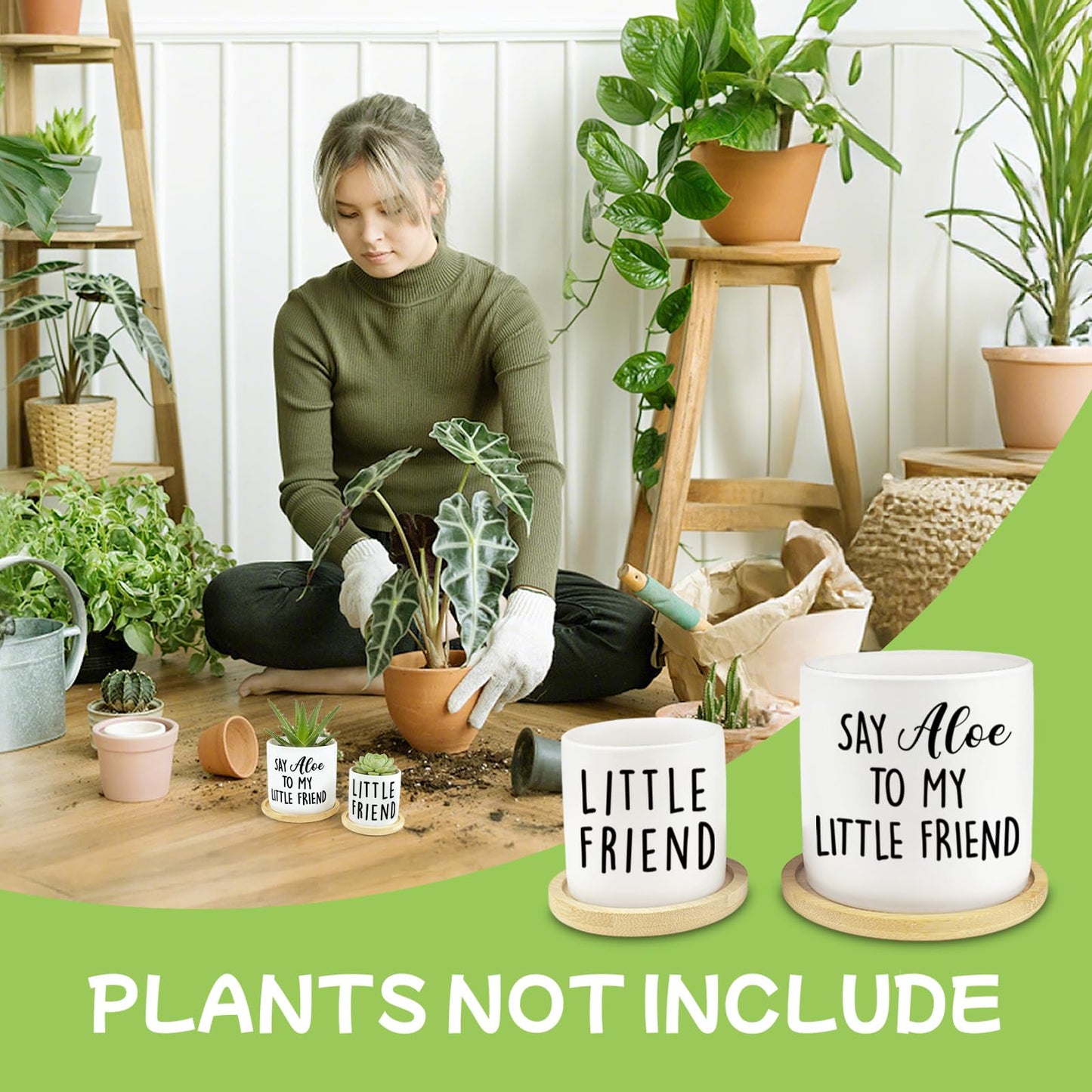 Msyueos Say Aloe to My Little Friend Planter Pot, Funny Plant Pots, Aloe Plant Pot Succulent Pots with Tray Set of 2 Flower Pots Indoor Pot - Without Plants, Office Home Windowsill Gifts (No Plant)