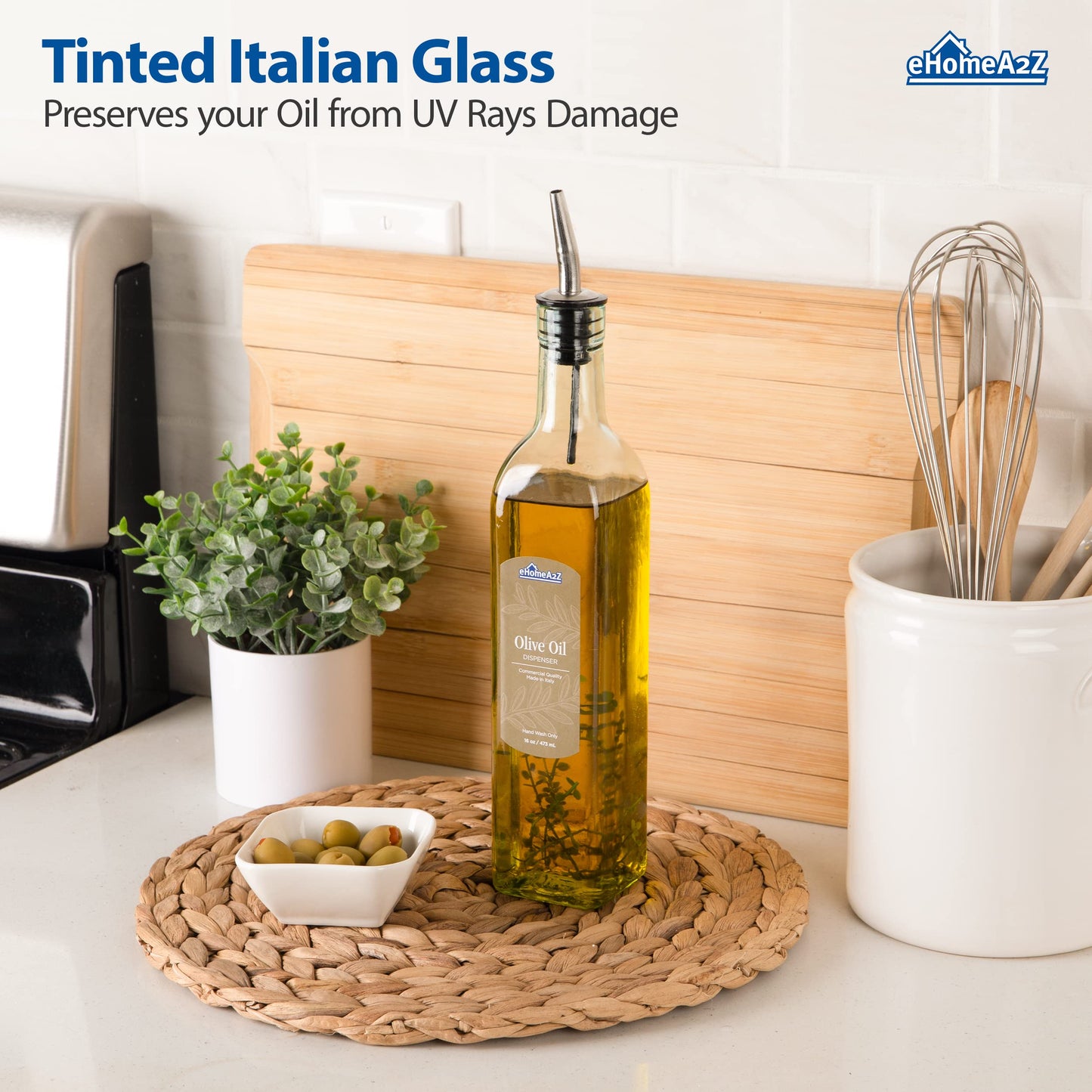EHOMEA2Z Italian Glass Olive Oil Dispenser Bottle - 16 Oz, Oil and Vinegar Cruet with Stainless Steel Spout for Kitchen, Slight Green Tint (1, 473ml)