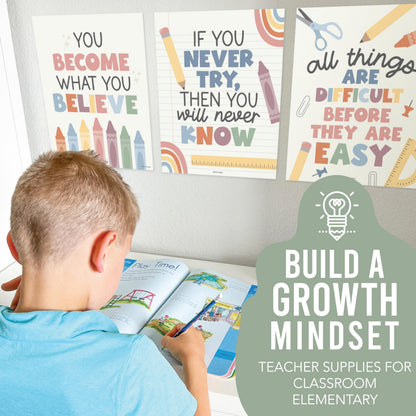 Hadley Designs Motivational Poster for Classroom Decor - 9 Growth Mindset Classroom Posters Elementary, Inspirational Wall Decor Middle School, Teacher Must Haves, Boho Bulletin Board Decorations