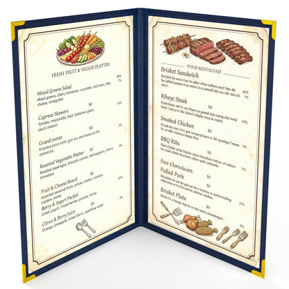 10 Pcs Menu Cover 8.5x14 Inch, Legal Size, 2 Pages / 4 Views Menu Sleeves, Clear Waterproof PVC Menu Holder (Blue Edge, Gold Metal Corners)