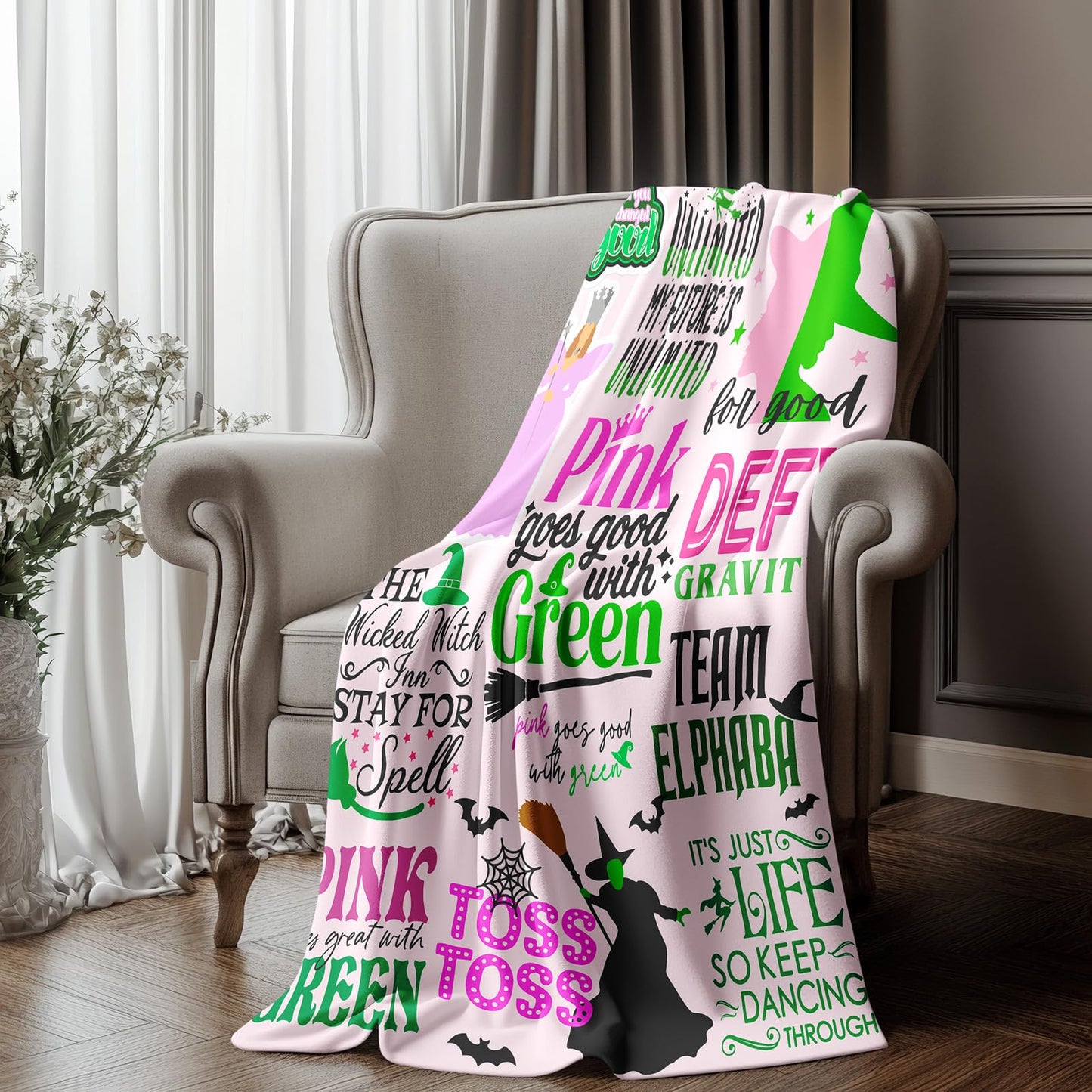 50'' x 40'' Elphaba Hat Glinda Witch Pink Flannel Blanket, Magic Movie Land Blanket, Evil Gift Queen Throw Broom, All Seasons Warm Cozy Soft Blanket for Sofa Chair Bed Halloween Women Fans 3