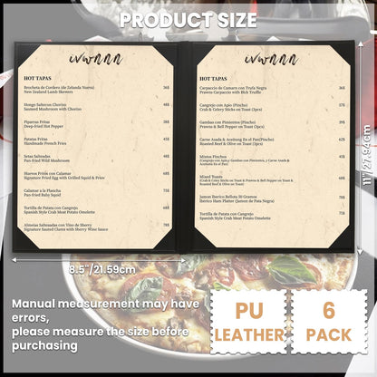 IVWNNN 8.5'' x 11'' Menu Covers 6 Pack Black PU Leather Menu Holders Book Style with Angled Corners Double View Menu Sleeves Easy-Insert Design Waterproof for Bar Cafe Restaurant Menu Covers