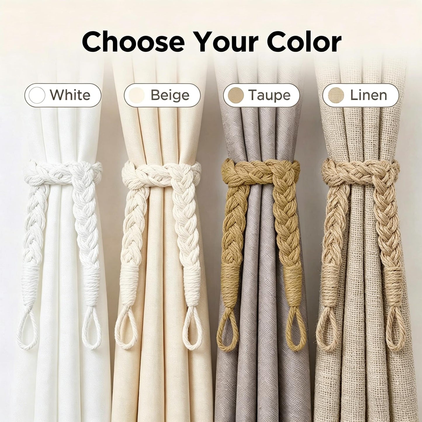 Hand-Braided Faux Linen Curtain Tiebacks with Wall Hooks, Boho Window Curtain Tie Back Holdback, 25 inch Extra Long Rope for Living Room Bedroom, Set of 4,Linen