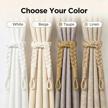 Hand-Braided Faux Linen Curtain Tiebacks with Wall Hooks, Boho Window Curtain Tie Back Holdback, 25 inch Extra Long Rope for Living Room Bedroom, Set of 4,Linen