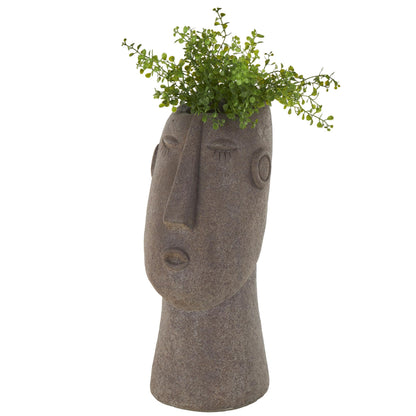 Deco 79 Magnesium Oxide Woman Indoor Outdoor Planter Textured Easter Island Head Large Brown Round Planter Pot, 6" x 9" x 17"