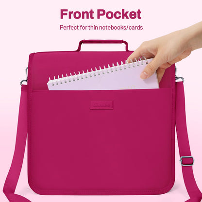 SUNEE Zipper Binder 3 Ring, 3 Inch O-Ring with Handle and Shoulder Strap, 600-Sheet Capacity, 5-Tab Expanding File Folder, Multi-Pockets for Middle School Organizer Binder with Zipper, Berry Pink