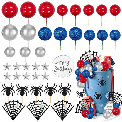ZWLIYCHN Spider Cake Topper 39Pc Spider Web Cake Decorations Spiders Themed Birthday Cake Topper Spiders Cupcake Picks with Star Red Silver Blue Balls Cake Decors for Halloween Boys Men Birthday Party