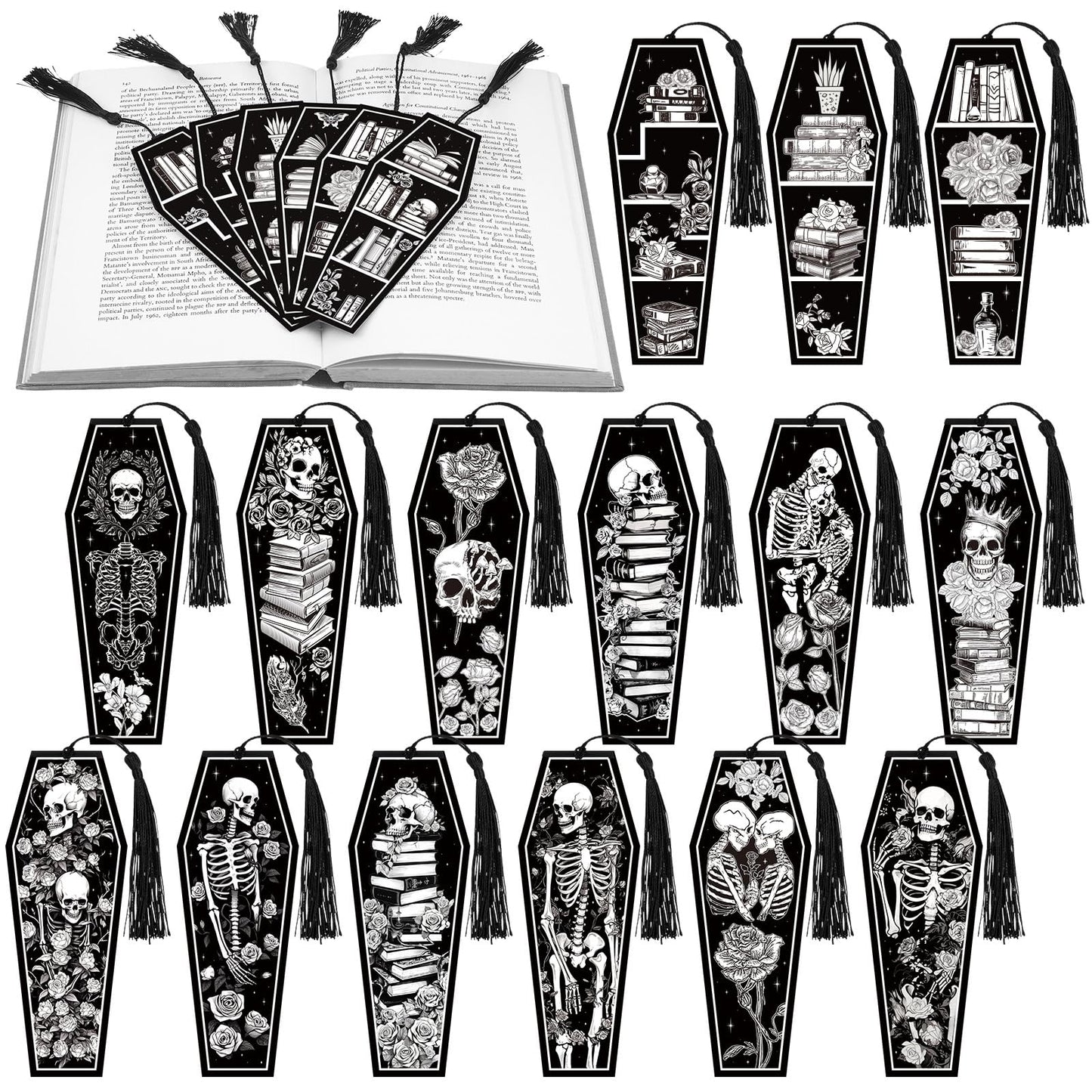 Kolldenn 120 Pcs 12 Styles Halloween Gothic Skeleton Coffin Bookmarks Double Sided Book Tracker Skull Horror Bookmark Gothic Book Marker with Black Tassels for Reading Lovers Gifts Accessories