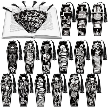 Kolldenn 120 Pcs 12 Styles Halloween Gothic Skeleton Coffin Bookmarks Double Sided Book Tracker Skull Horror Bookmark Gothic Book Marker with Black Tassels for Reading Lovers Gifts Accessories