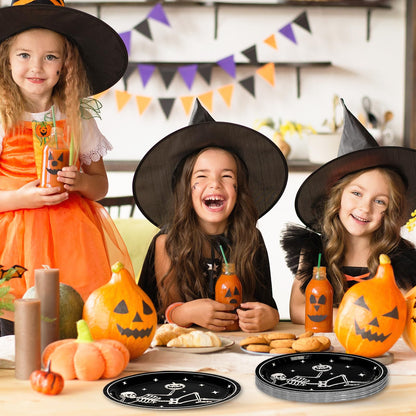 JarThenaAMCS 50Pcs Halloween Oval Paper Plates 10" x 12" Large Black White Skeleton Pumpkin Disposable Plates Spooky Platters for Halloween Holiday Party Tableware Supplies