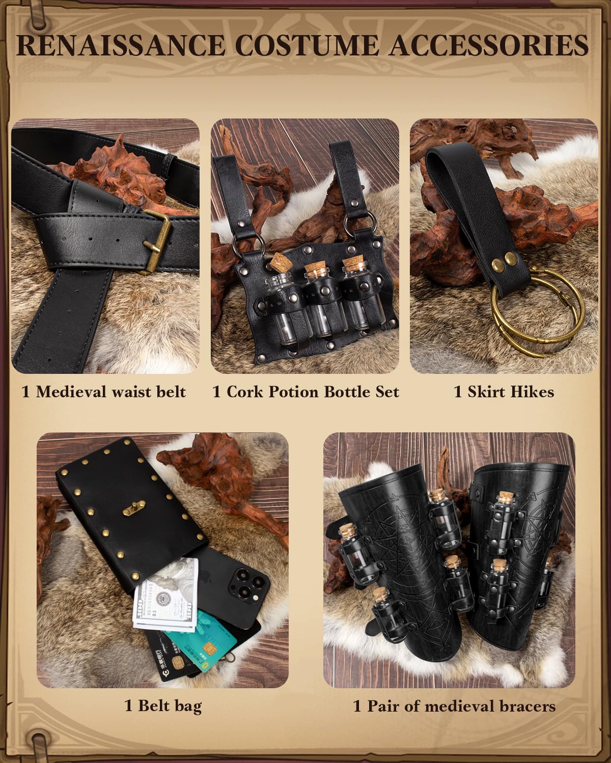 Medieval Renaissance Viking Bracer Wrist Guard, Leather Belt Pouch with Witch Bottle Vials, Festival Costume Accessory Waist Bag (Black)