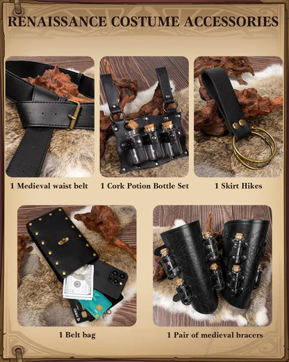 Medieval Renaissance Viking Bracer Wrist Guard, Leather Belt Pouch with Witch Bottle Vials, Festival Costume Accessory Waist Bag (Black)