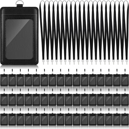 Ireer 48 Pcs ID Badge Holder with Lanyard, PU Leather Card Holder Vertical with Clear ID Access Card Window, Slot for Office Work, School Student, Black