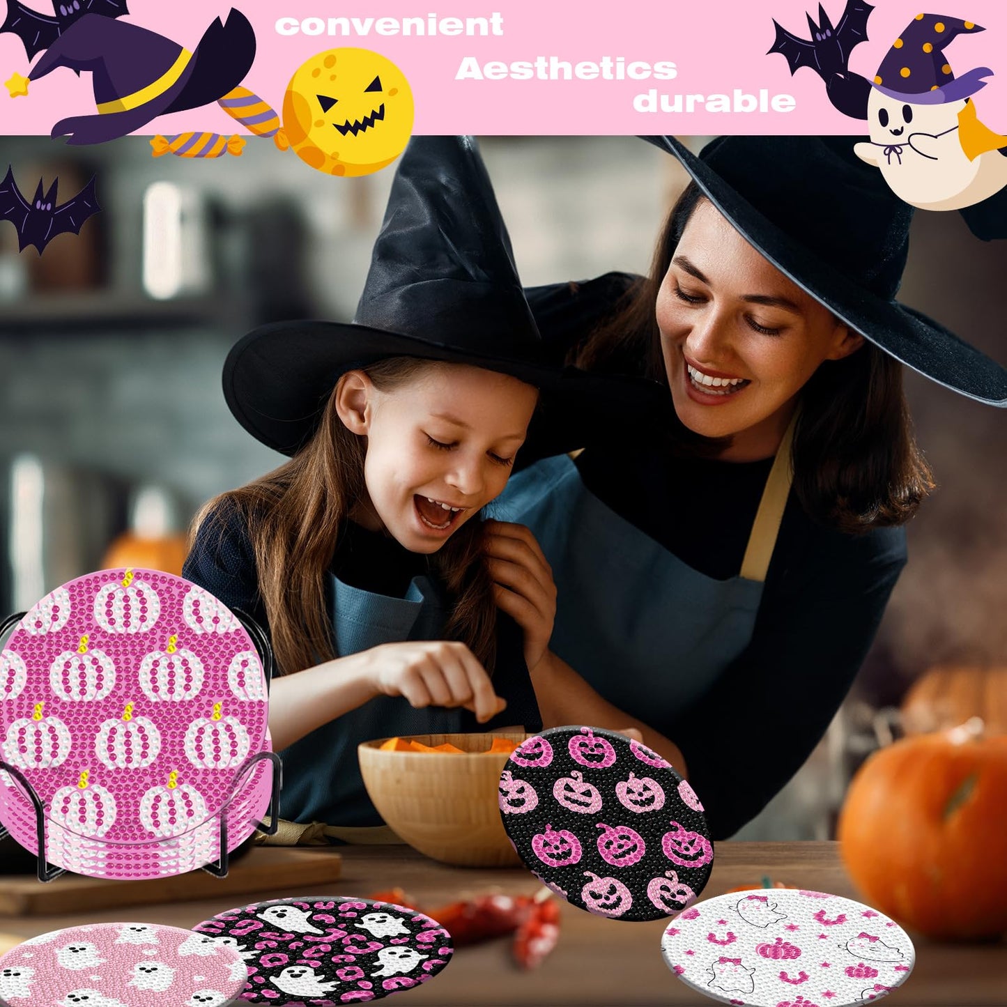 Denylo pro 8 Pcs Halloween Diamond Art Painting Coasters Kits with Holder DIY Pink Halloween Diamond Art Coaster for Adults