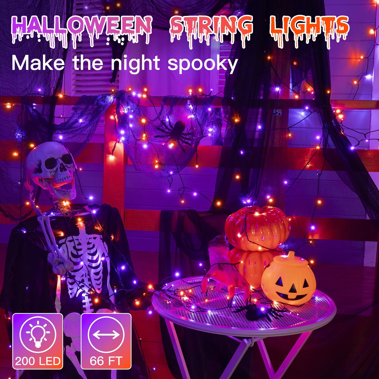 Guhope 66FT 200 LED Halloween Lights, Orange + Purple Halloween Lights Outdoor with 8 Lighting Modes, Waterproof String Lights for Halloween Christmas Outdoor Party Yard Garden Decoration