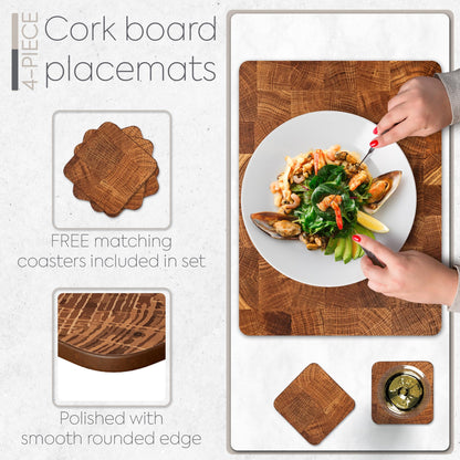 Moderry Set of 4 Heat Resistant Cork Placemats for Dining Table with Free Set of 4 Matching Drink Coasters Marble Design 16 x 12 Inches Cork Backed Hard Placemats (Honey Oak)