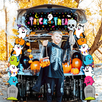 Aperturee Halloween Trunk Or Treat Car Decorations Kit — 70.8x15.5 Inch Banner, Porch Banner, 2x6m Ropes, Rain String Curtains, Durable Oxford Fabric, Fun Halloween & Trick-or-Treat Themes