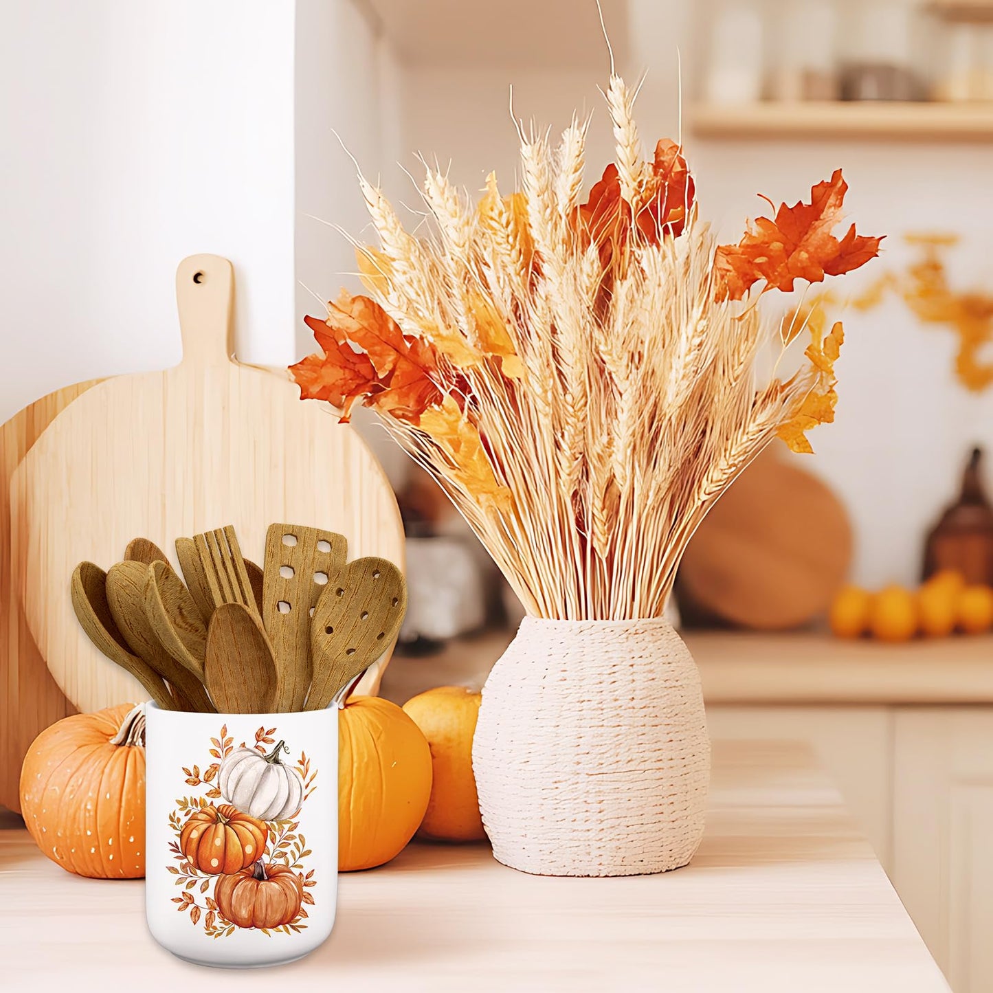 JarThenaAMCS Fall Ceramic Utensil Holder Watercolor Pumpkin Leaves Utensil Crock for Autumn Harvest Thanksgiving Home Kitchen Countertop Storage Organizer Container