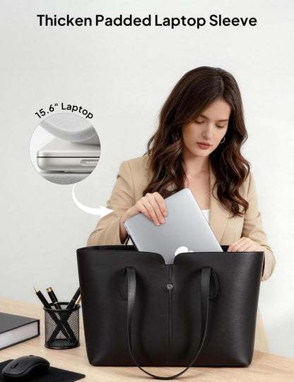 TOPEAST Laptop Tote Bag for Women, 15.6-Inch Work Bags with Removable Laptop Sleeve, Soft Leather Teacher Tote Bag with Compartments, Lightweight Computer Bag for Office, School, Briefcase, Black