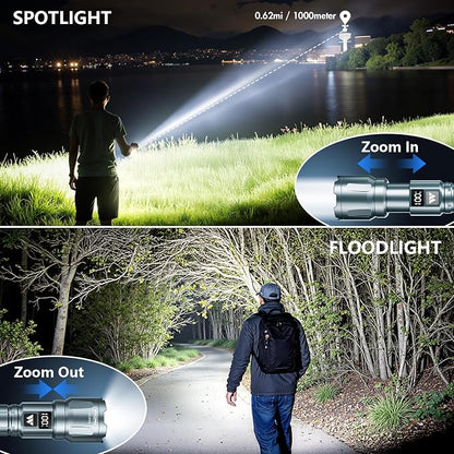 WdtPro Rechargeable Flashlights 2 Pack, Powerful Handheld Flashlight - Grey | LED High Lumens, LCD Battery Display, Zoomable 3 Modes, IP65 Waterproof, Tactical, For Home Emergencies Camping Outdoor