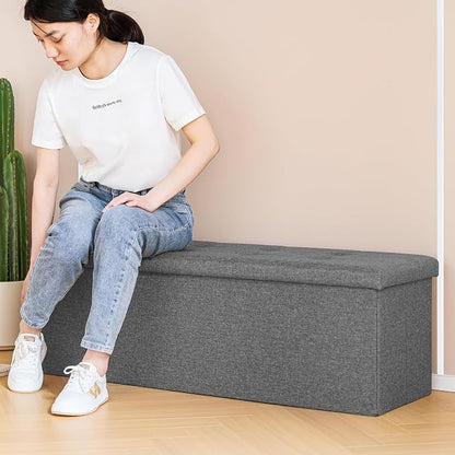 PINPLUS Folding Storage Ottoman Bench, Grey Linen Long Ottoman Chest Foot Rest Stool with Padded Seat, Chest with Cover, Bedroom Bench with Storage, 43.3inches