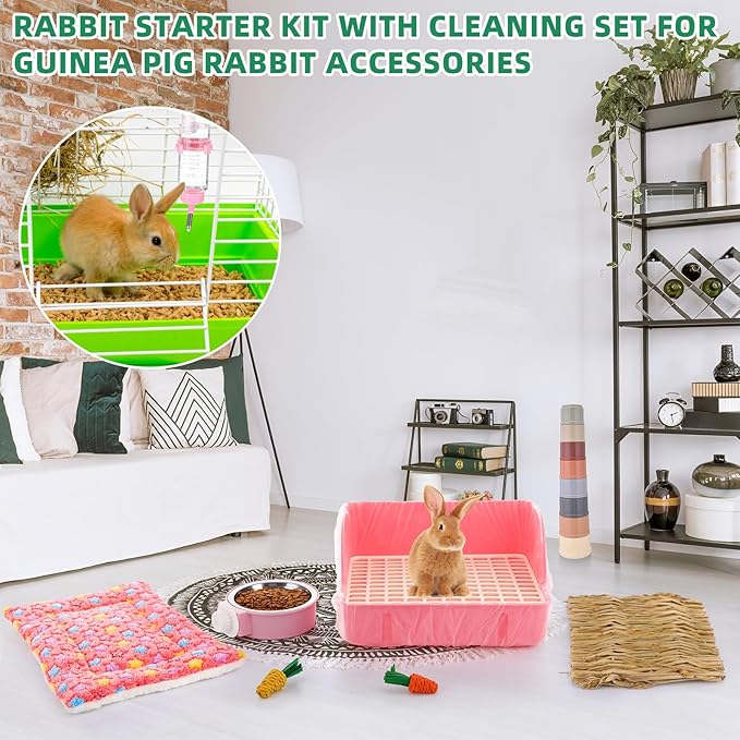 34 Pcs Rabbit Starter Kit Rabbit Litter Box Small Animal Water Bottle Stacking Cups Bunny Tunnels Animal Grooming Kit Bowl Blanket with Cleaning Set for Guinea Pig Bunny Accessories (Pink)