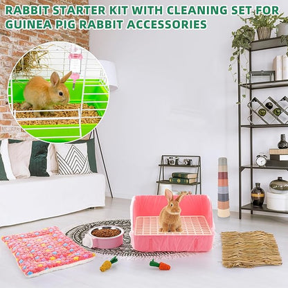 34 Pcs Rabbit Starter Kit Rabbit Litter Box Small Animal Water Bottle Stacking Cups Bunny Tunnels Animal Grooming Kit Bowl Blanket with Cleaning Set for Guinea Pig Bunny Accessories (Pink)