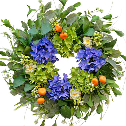 Spring Wreaths for Front Door 24 Inch, Summer Wreath Outdoor，Silk Hydrangea Wreath with White Blossoms & Mini Mandarins, Rustic Farmhouse Indoor & Outdoor Seasonal Wreath, Spring&Summer Home Decor