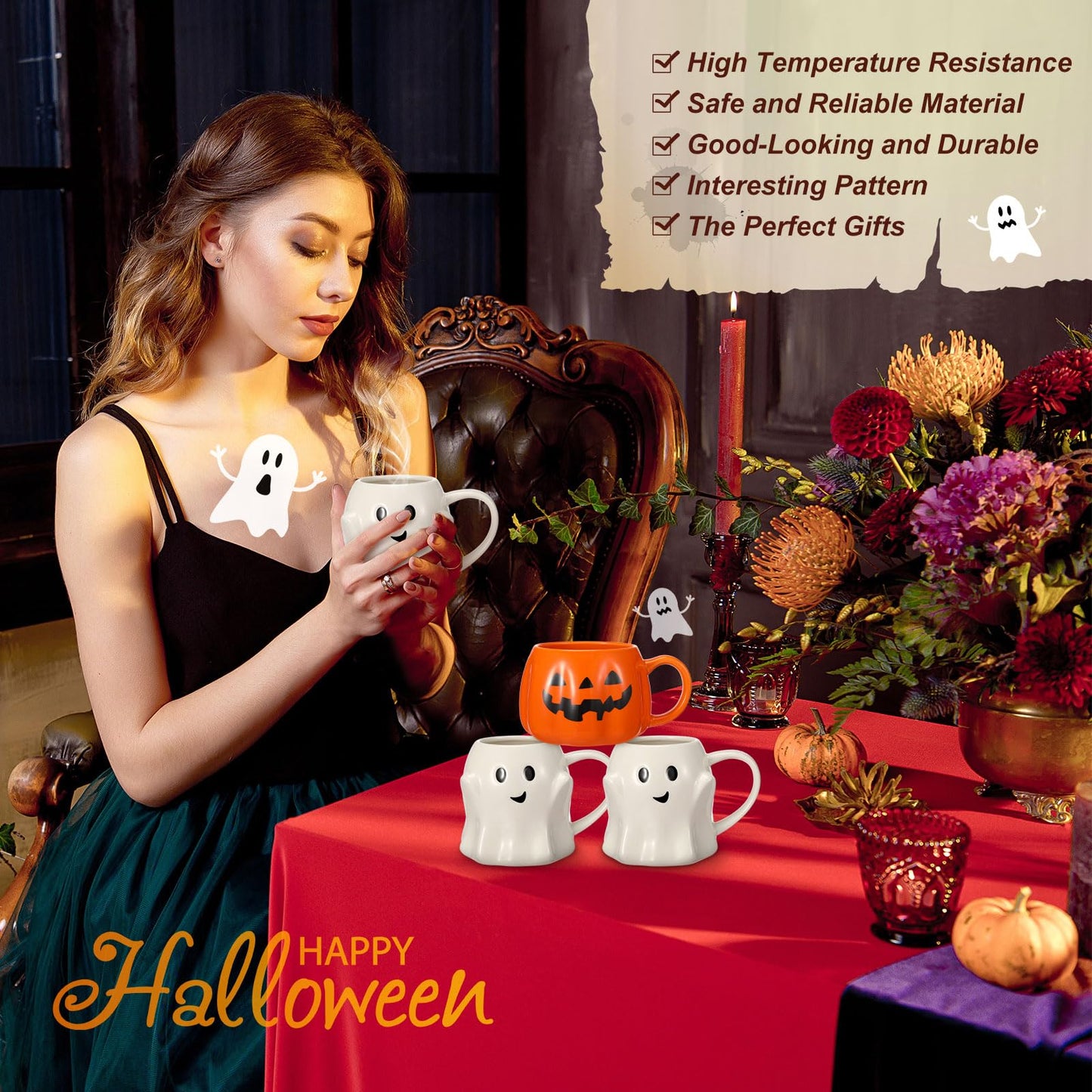 Didaey 4 Pcs 14oz Halloween Pumpkin Mug Ghost Coffee Mug Cute Pumpkin Coffee Cup Halloween Ceramic Cups for Home Decorations