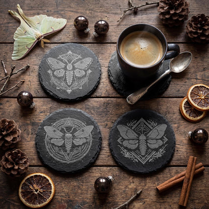 Hushee 4 Pcs Gothic Moth Slate Coasters Set, 4 Inch Laser Engraving Stone Black Round Coasters with Anti-Scratch Bottom and Storage Holder, Gothic Gift Home Decors for Kitchen Bar Office Dinner Table