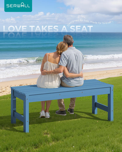 SERWALL 47 Inches Outdoor Bench, All Weather HDPE Backless Bench with Wood Grain Texture for Garden Porch and Park, Curved Bench Seat for Comfort, Blue