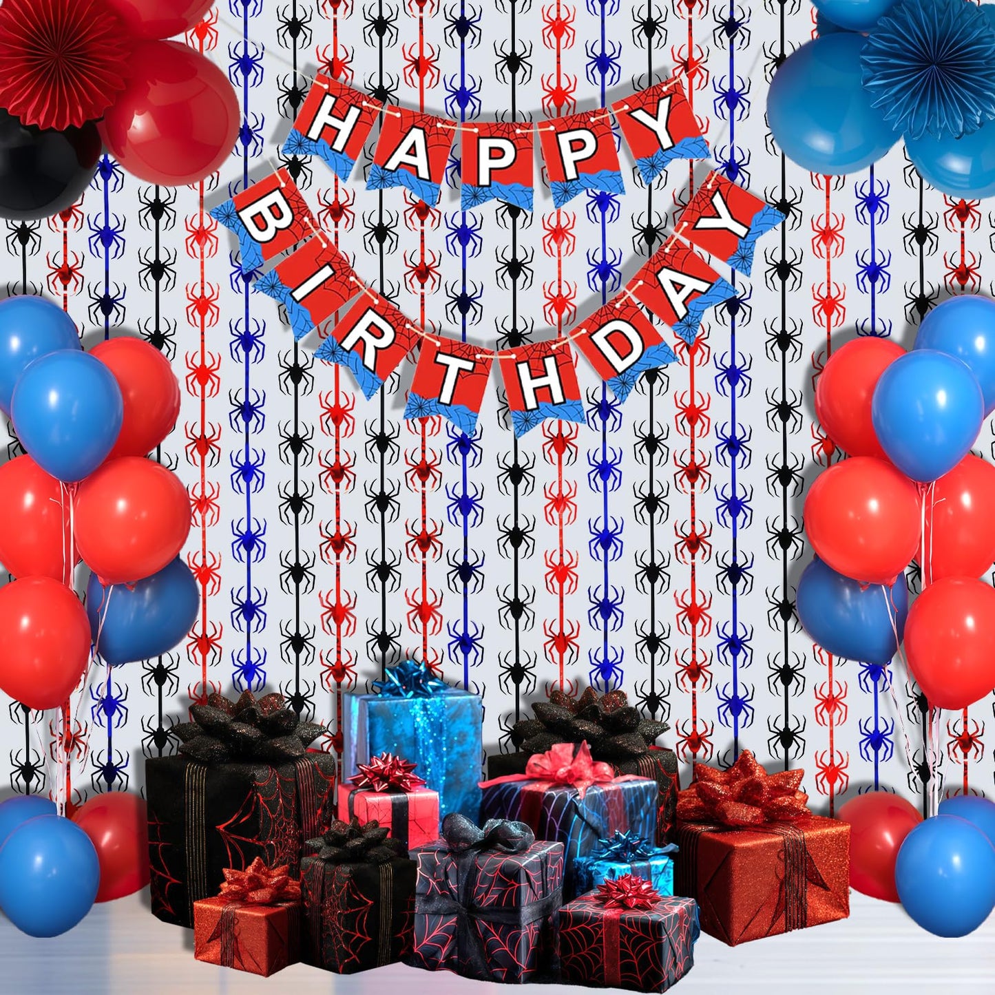 OQOQ Spider Birthday Decorations, 1 Set Banner & 2 Pcs Red Black Blue Spider Tinsel Foil Fringe Curtains Backdrops (3.3x6.6 ft), Large Birthday Photo Booth Props Indoor Party Boy Room Decor