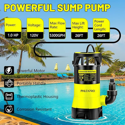 Submersible Water Pump 1HP 5300GPH High Flow Clean/Dirty Water Transfer Pump with Automatic Float Switch,26FT Long Cord,Sump Pump for Pool, Pond,Garden, Flooded Cellar, Aquarium and Irrigation
