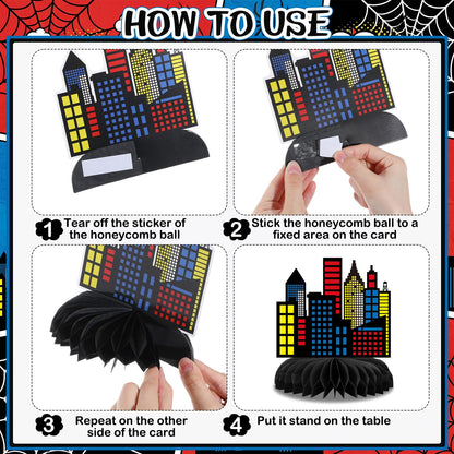 Pajean 12 Pcs Spider Honeycomb Centerpieces for Hero Birthday Party Decorations, 3D Heroic Comic Theme Table Toppers, Red Blue Spider Web Cityscape Paper Decor for Action Event Cake Table Supplies