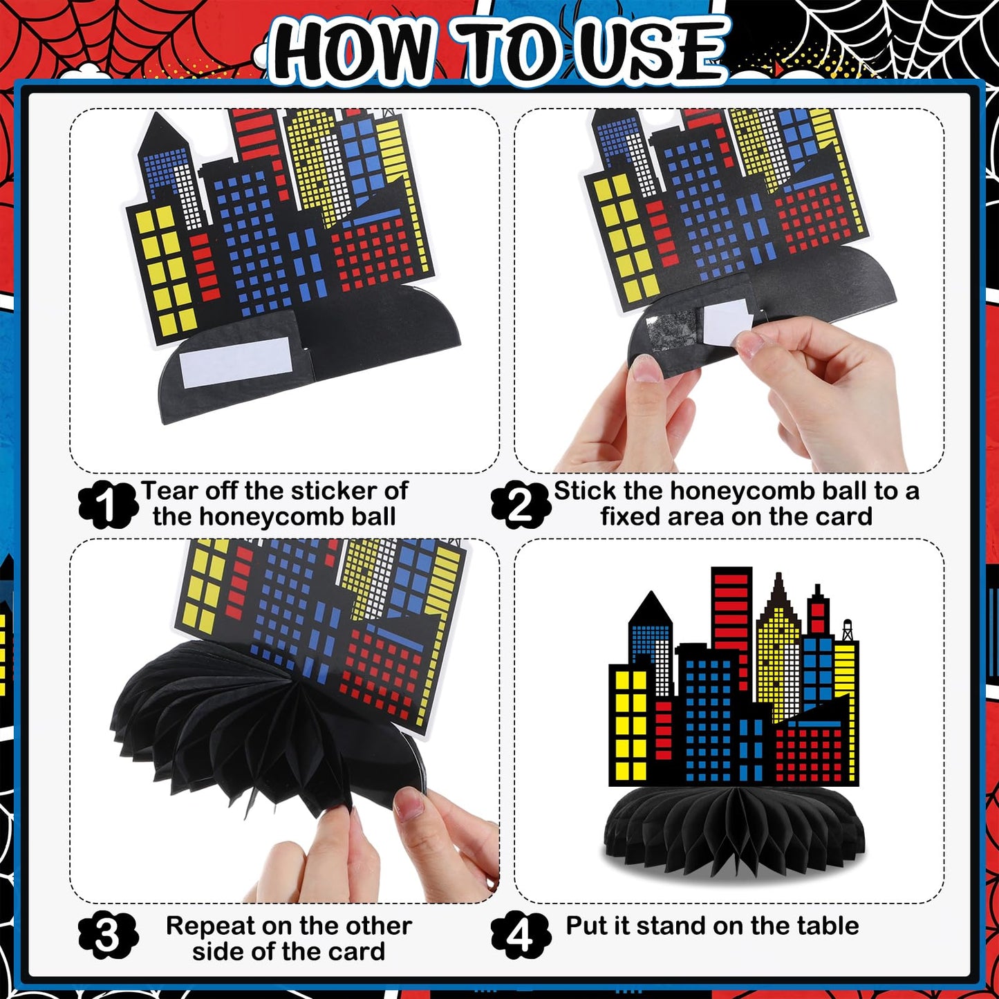 Pajean 12 Pcs Spider Honeycomb Centerpieces for Hero Birthday Party Decorations, 3D Heroic Comic Theme Table Toppers, Red Blue Spider Web Cityscape Paper Decor for Action Event Cake Table Supplies