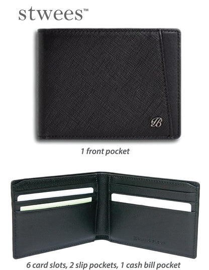 Maskfactory stwees bifold leather wallets - Ultra slim, RFID, Front pocket, slim, ID window (Pocket style B, Black)