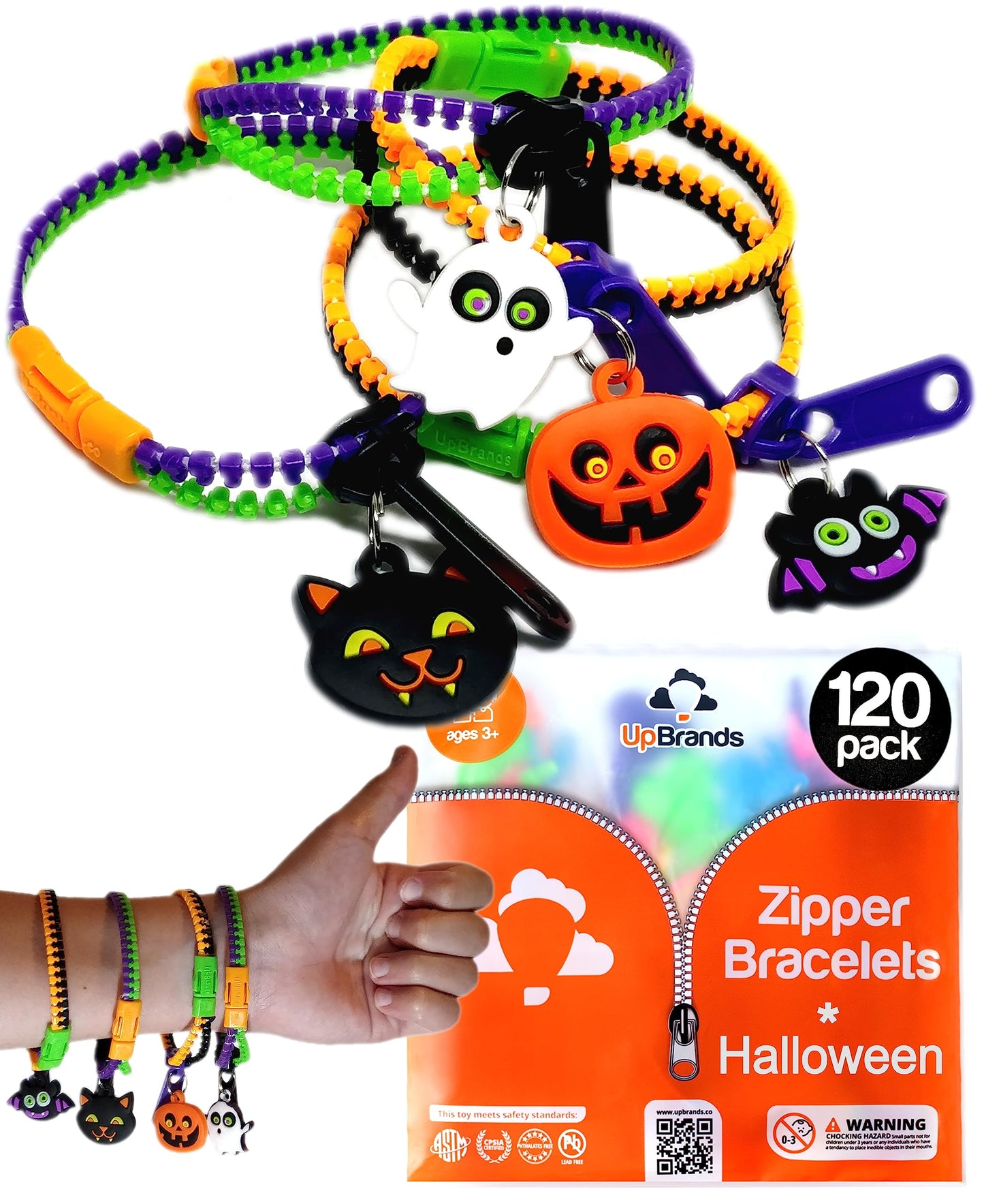 UpBrands 120-Pack Halloween Fidget Zipper Bracelets – Bulk Party Favor Toys for Kids, School Goodie Bags & Giveaways, Pinata Fillers